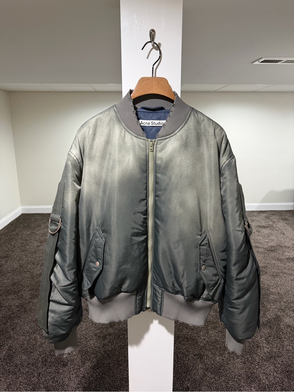 Acnes Studios Olana Distressed Faded Wash Green Bondage Bomber Jacket
